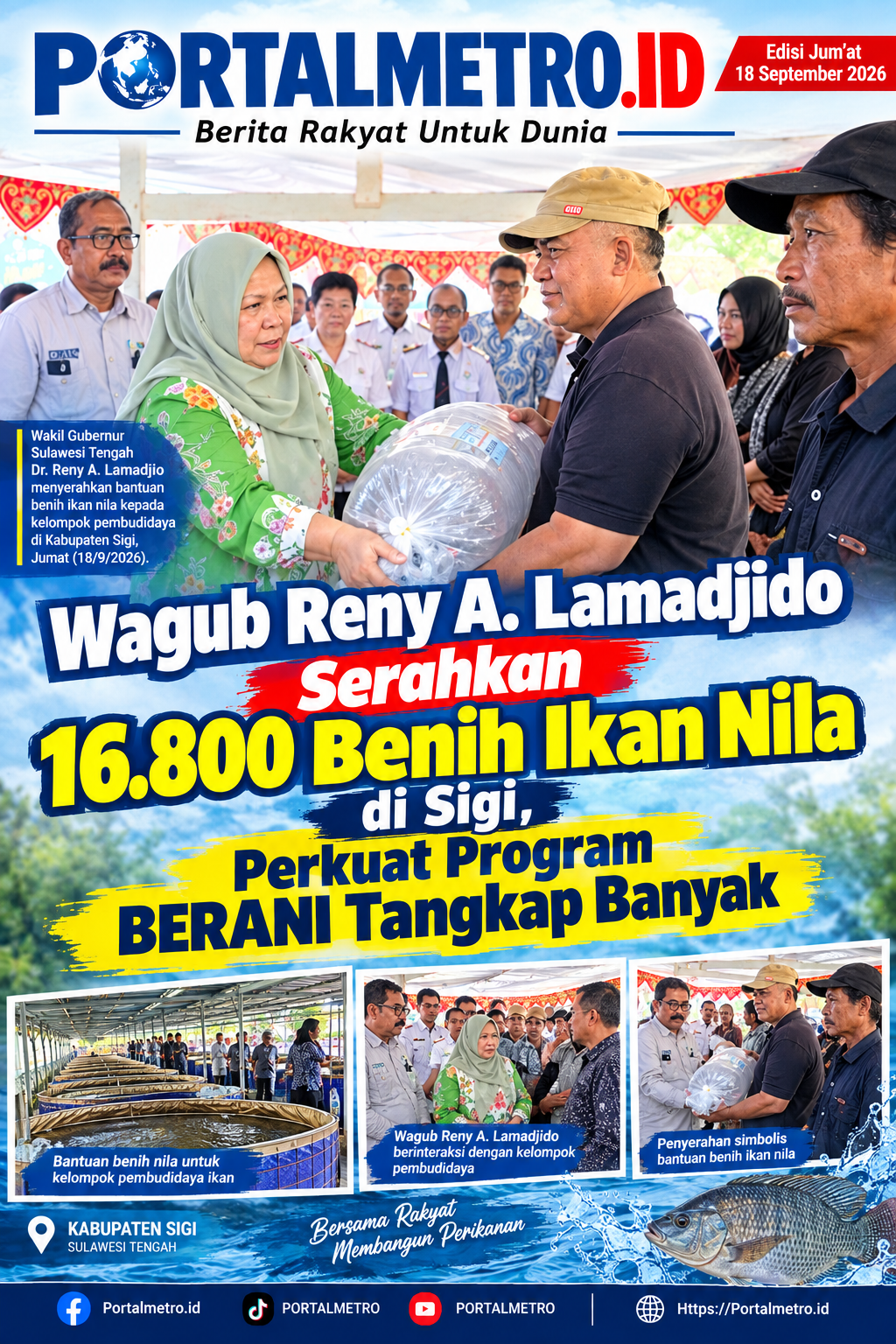 Wagub Reny A. Lamadjido Serahkan 16.800 Benih Ikan Nila di Sigi, Perkuat Program BERANI Tangkap Banyak